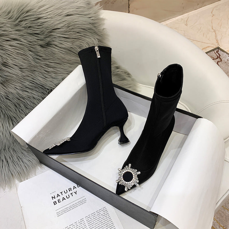 Sun buckle diamond high heel boots