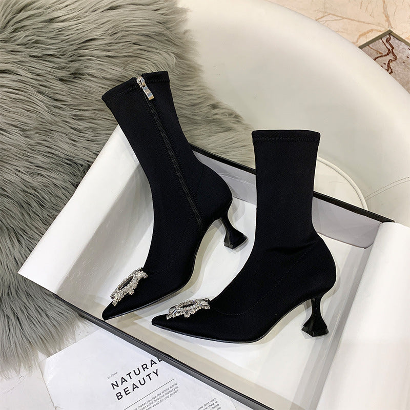 Sun buckle diamond high heel boots