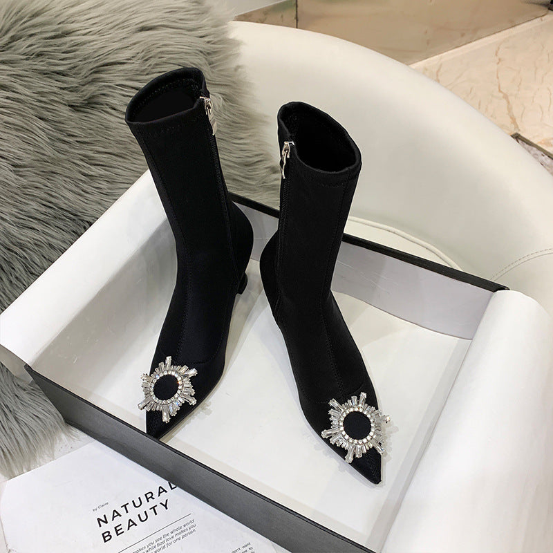 Sun buckle diamond high heel boots