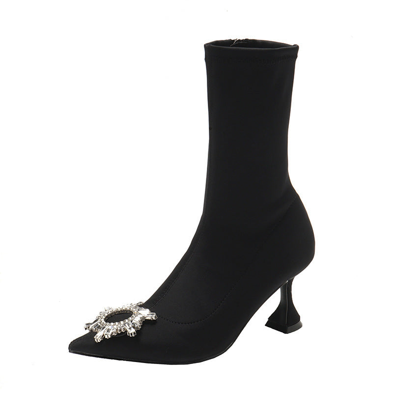 Sun buckle diamond high heel boots